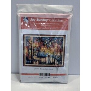 Joy Sunday Pre-Printed Cross Stitch Kit Rainy Night Couple ZY078 Cotton Floss